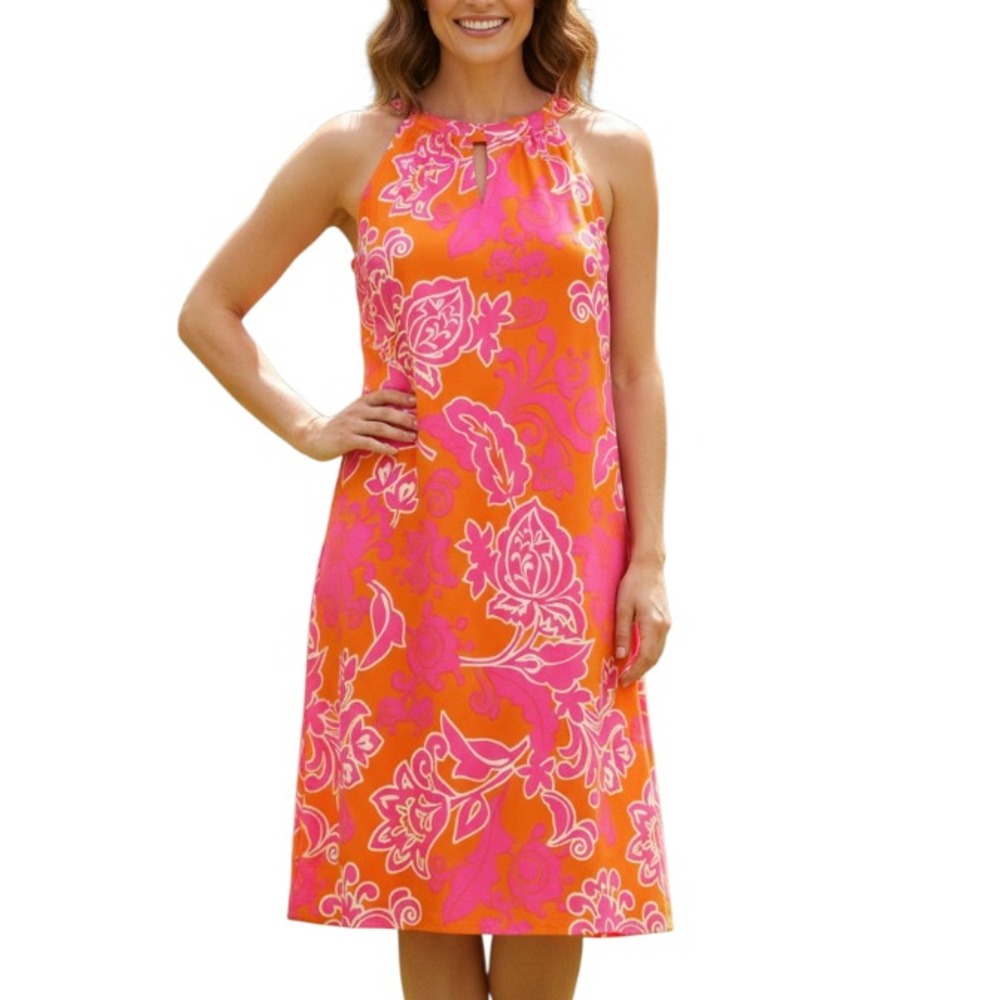 JUDE CONNALLY Orange/Pink KEYHOLE NECKLINE Sleeveless SHEATH HALTER DRESS Sz S